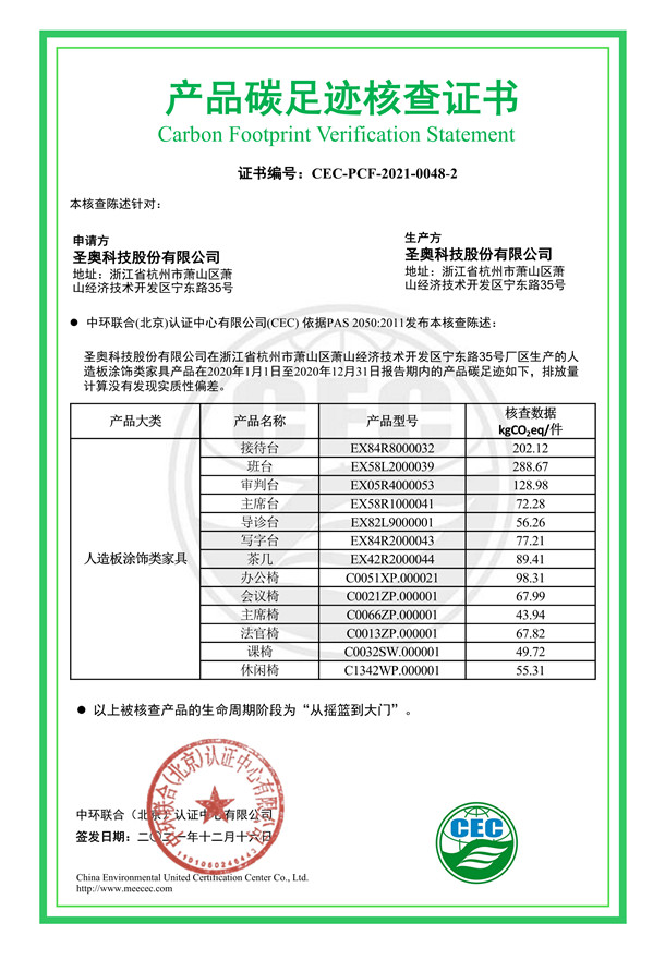 圣奥科技股份有限公司产品碳足迹核查证书-CEC-PCF-2021-0048-2-人造板涂饰类家具